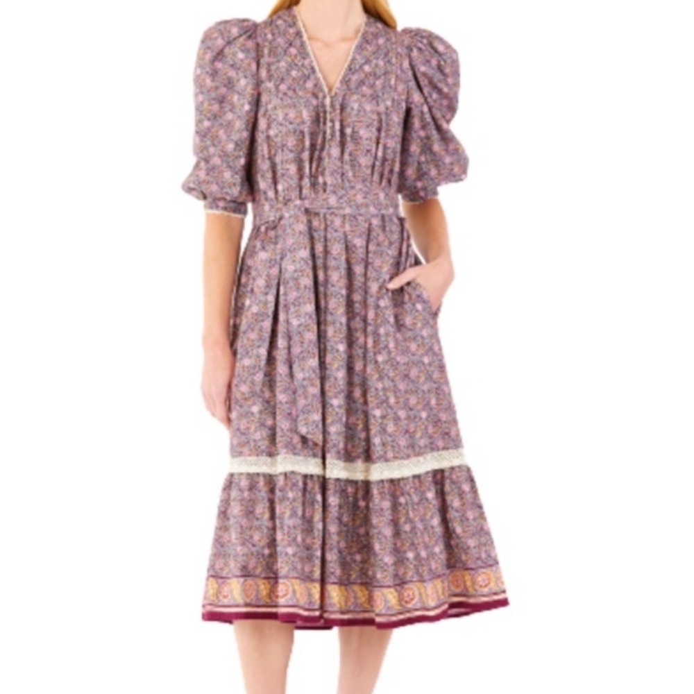 HUNTER BELL Bowen Hunt Falling Leaves Prairie Floral Tiered Quilted Midi Dress S